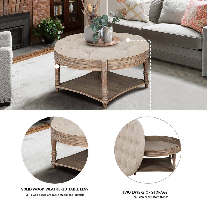GDFStudio - Benjamin Round Tufted Upholstered Ottoman with Storage