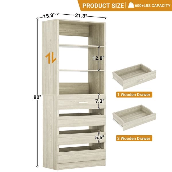 dimension image slide 2 of 5, 80'' H x 21.3'' W Wood Standard Bookcase with 4 Drawers,Morden Freestanding Storage and Display Bookshelf