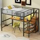 preview thumbnail 3 of 26, Full Size Loft Bed with Storage Staircase and Wardrobe, Modern Metal Loft Bed Frame with Desk, Charging Station and LED Light