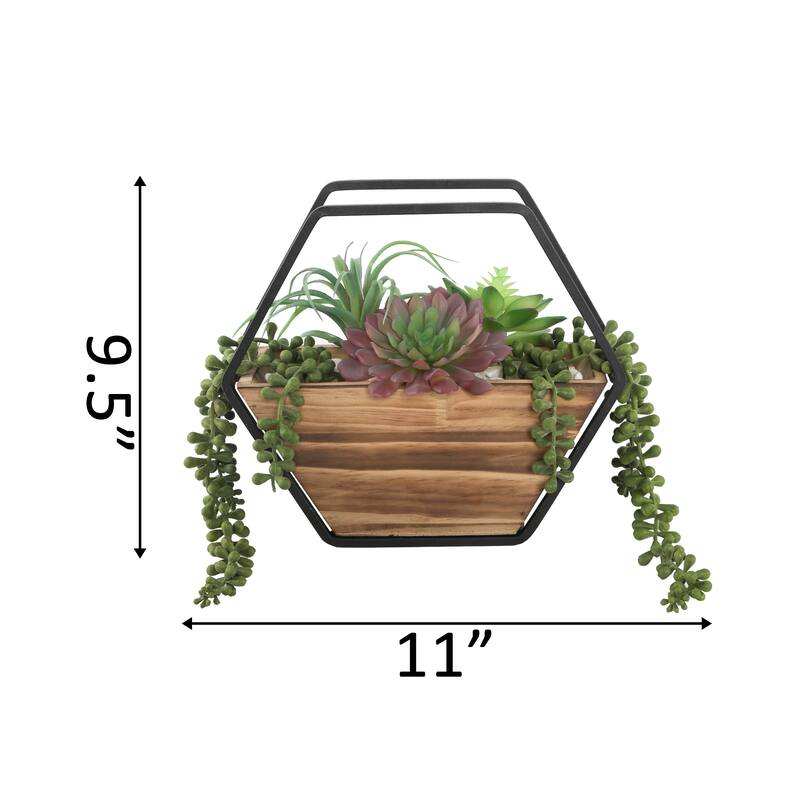 Artificial Plant Succulent in 11" Hexagon Wood and Metal Wall Planter - ONE-SIZE