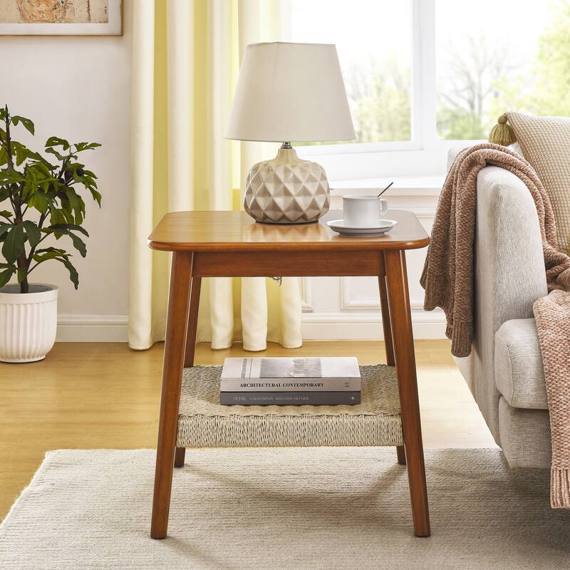 Mid-Century Square Side Table with Woven Shelf Walnut