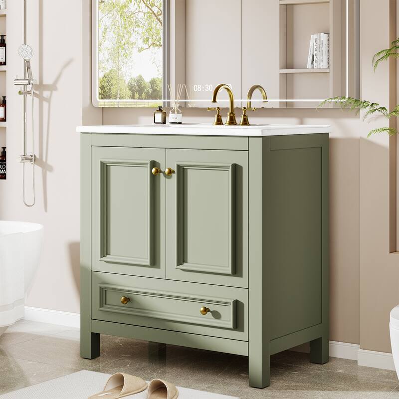 Bathroom Vanity with Sink, Solid Wood Frame Freestanding Vanity with Door Organizer and Drawer