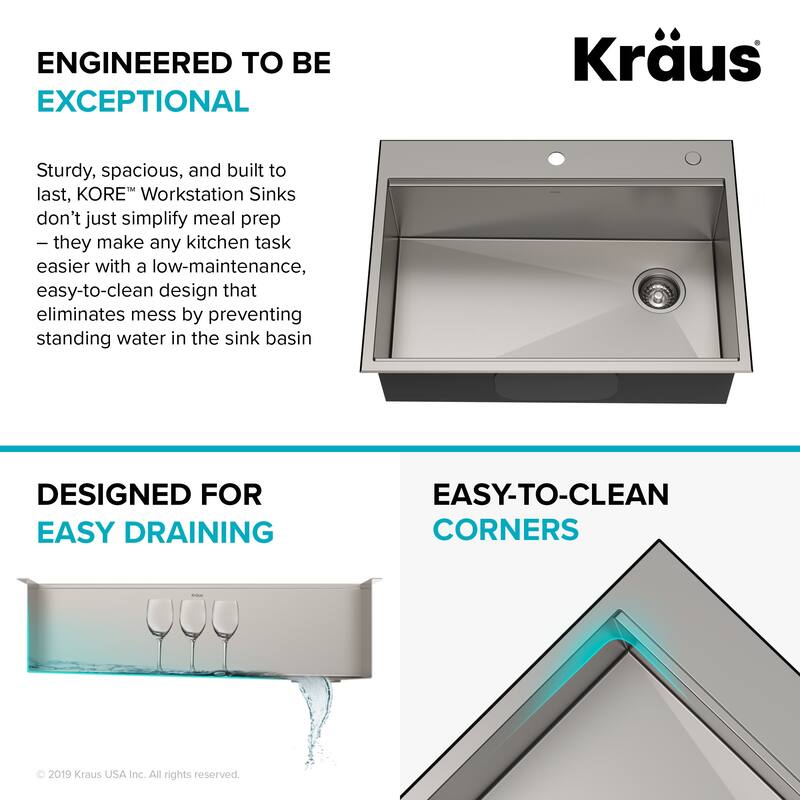 Kraus Kore 30" Drop In or Undermount Single Basin Stainless Steel