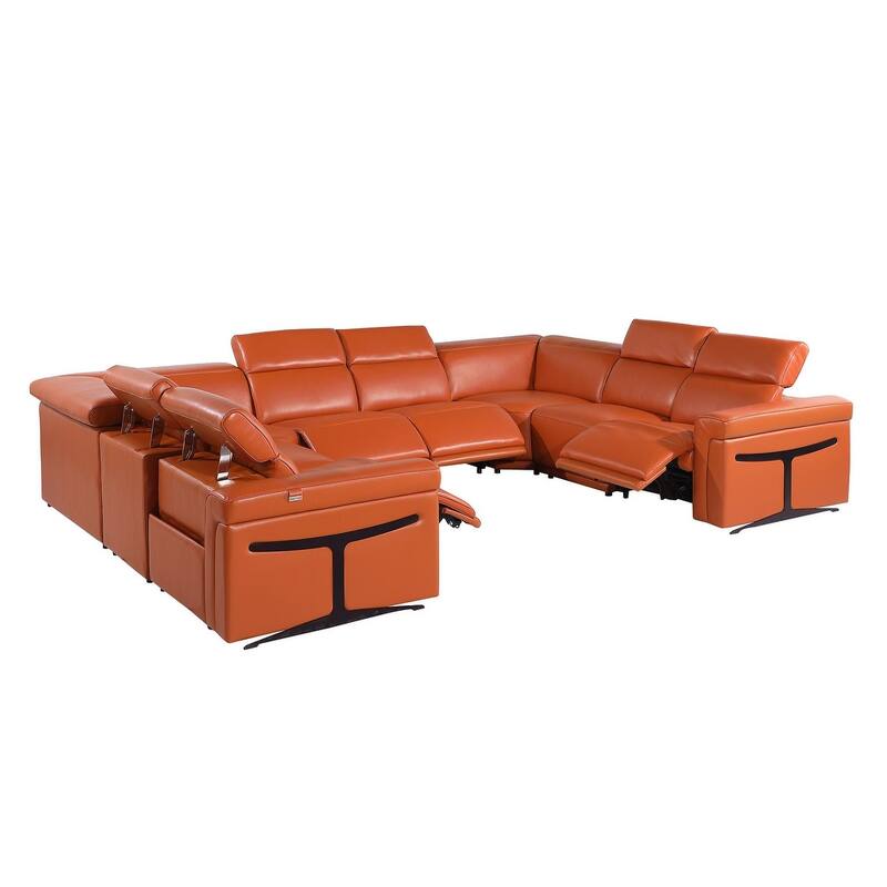 HomeRoots Camel Italian Leather Power Reclining U Shaped Eight Piece Corner Sectional With Console
