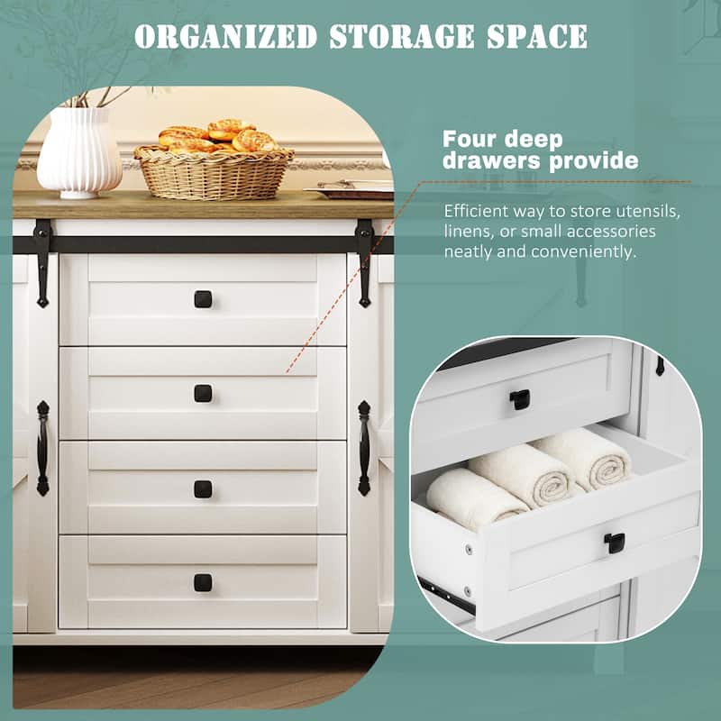 Sideboard with Sliding Barn Doors & 4 Storage Drawers, Wood Buffet Cabinet Table with Power Outlet & Adjustable Shelves