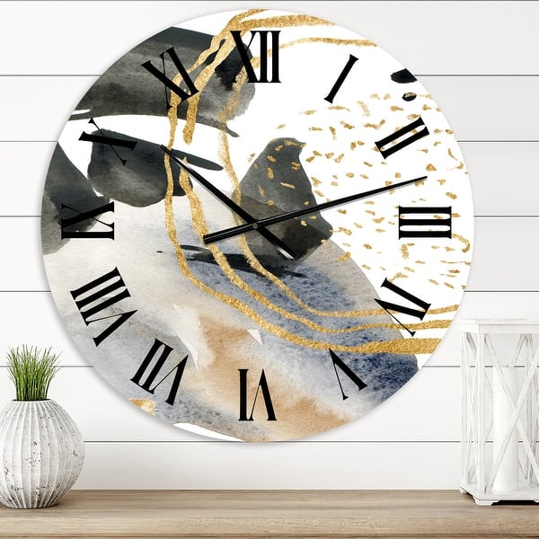 slide 1 of 8, Designart 'Pastel Abstract With Blue Black Beige & Gold Spots' Modern wall clock