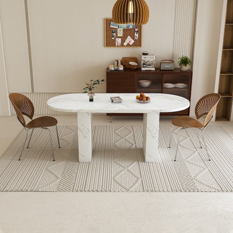 62.9 Inch Oval Dining Table for 6, Marble Top Kitchen Table with Wood Strip Base, Modern Farmhouse Dining Room Table