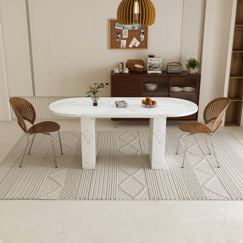 Kitchen Table with Wood Strip Base, Oval Dining Table, Water-Resistant Coffee Table Office Table