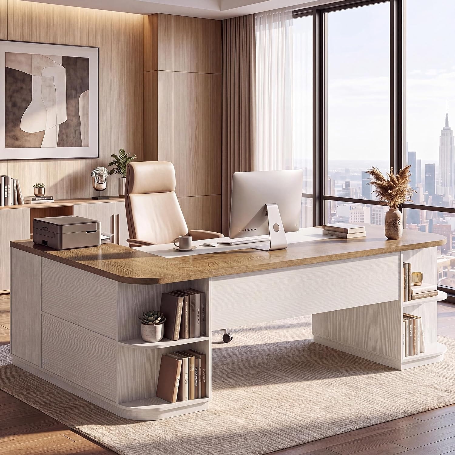 86.6-Inch L-Shaped Executive Desk, Extra Large Computer Desk with Drawers & Storage Cabinet, Modern Business Workstation