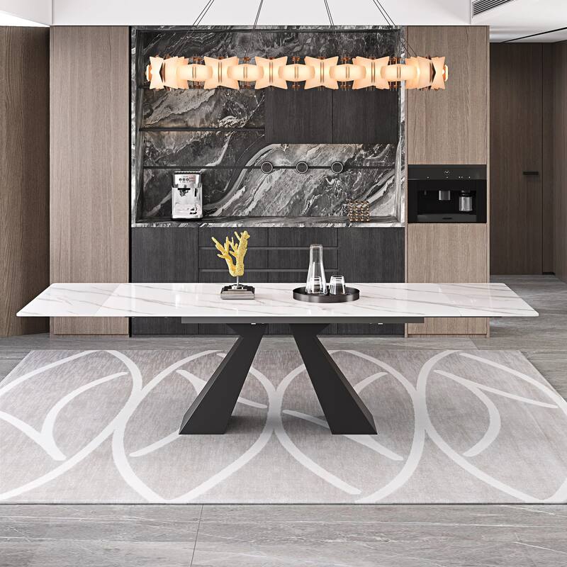 63'' to 94.5” Extendable Dining Table For 8-10 with Sintered Stone Table top and Metal Base - 94.48" - Snow Mountain White