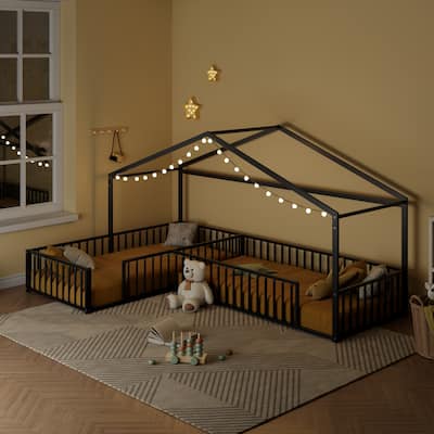 Twin Size L-shaped Corner Montessori Bed with Fence, Metal House-shaped Bed Frame, Without Slats, Floor House Bed for 2 Kids