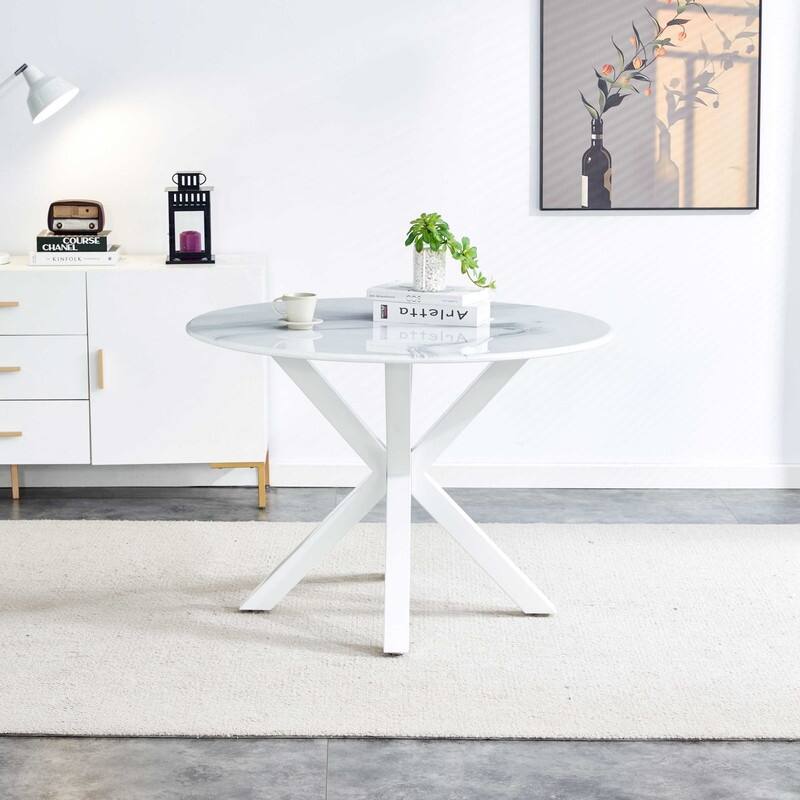 42.1"W Round Pedestal Dining Table Coffee Table with Cross Leg for 4-6 people - White Marble