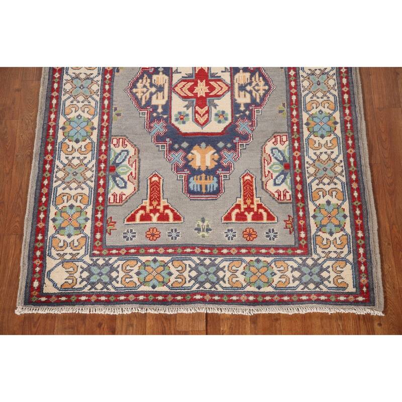 Geometric Kazak Oriental Rug Hand-Knotted Oriental Grey Wool Carpet - 3'6"x 4'10"