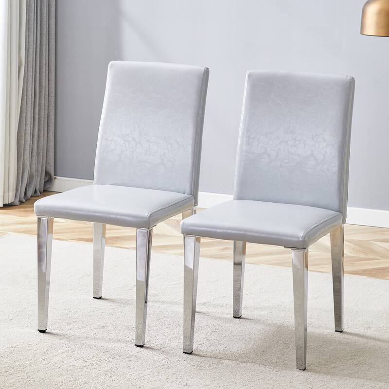 High Back Dining Chair Set of 2 PU Leather Upholstered Chair Living Room Decorative Side Chair Metal Frame Home Chair - Light Gray