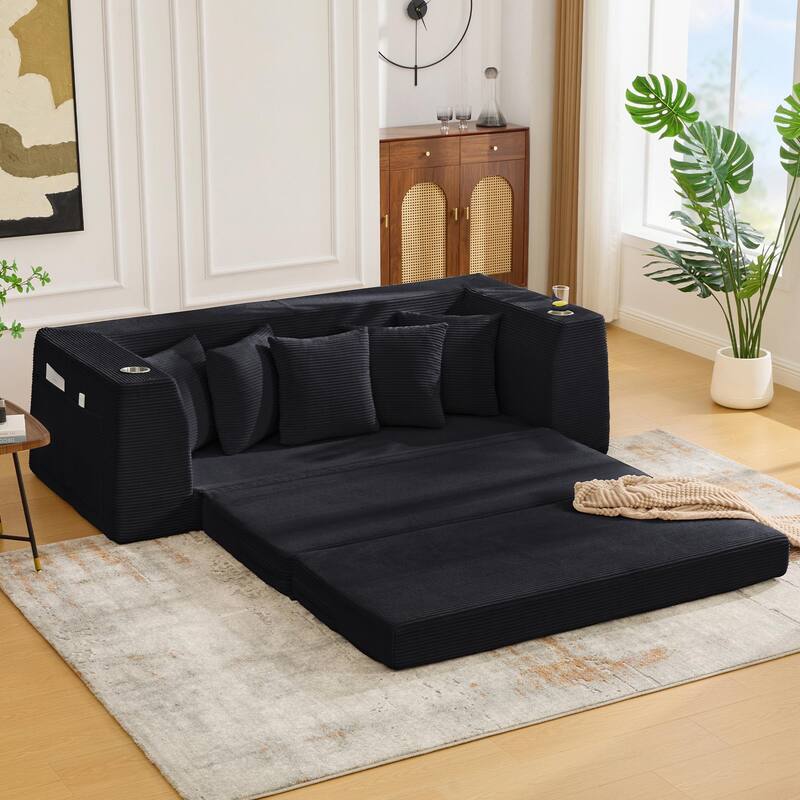 2 in 1 Convertible Sofa Bed, Sleeper Sofa with Storage Pockets, Pull Out Loveseat Couch with Two Cup Holders