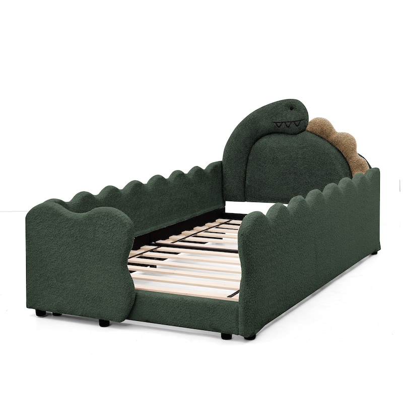 Twin Dinosaur-Shaped Kids Bed with Safety Guardrail - Solid Wood Toddler Bed Frame in Boucle Fabric