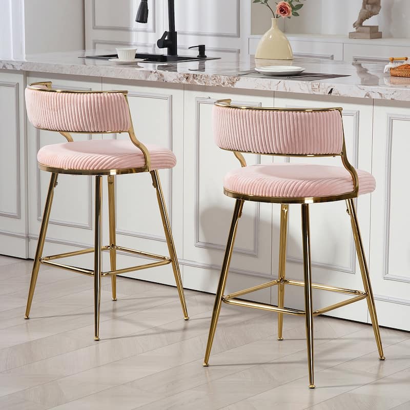 2PCS Corduroy Counter Height Bar Stools With Gold Metal - Pink