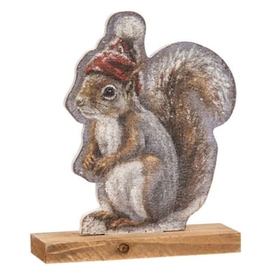 Rustic Wooden Freestanding Design Winter Squirrel Decoration with Vintage Painted Details - 5.5" H x 4.5" W x 1.5" D