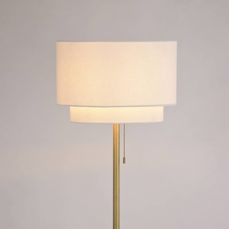 Burnaby Gold Brass Mid-Century Modern Floor Lamp White Linen Shade Pull Chain Switch - 15-in W x 62.5-in H x 15-in D