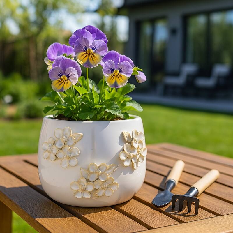 Ceramic Planter Raised Floral Detailing Glossy Decorative Display - 9.0"