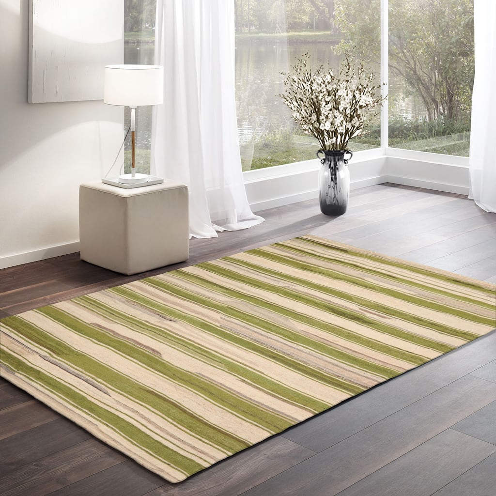 LoomBloom Beige Hand Loomed Contemporary Stripe Wool Oriental Area Rug - 5' 3'' x 7' 7''