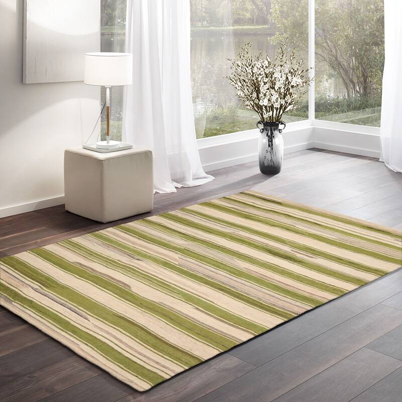 LoomBloom Beige Hand Loomed Contemporary Stripe Wool Oriental Area Rug - 5' 3'' x 7' 7''