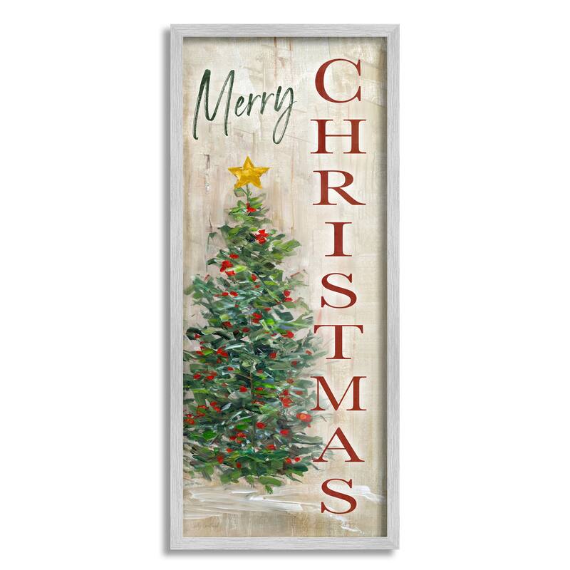 Stupell Merry Christmas Greeting Festive Rustic Holiday Tree Framed Wall Art - Green - 10 x 24 - Grey