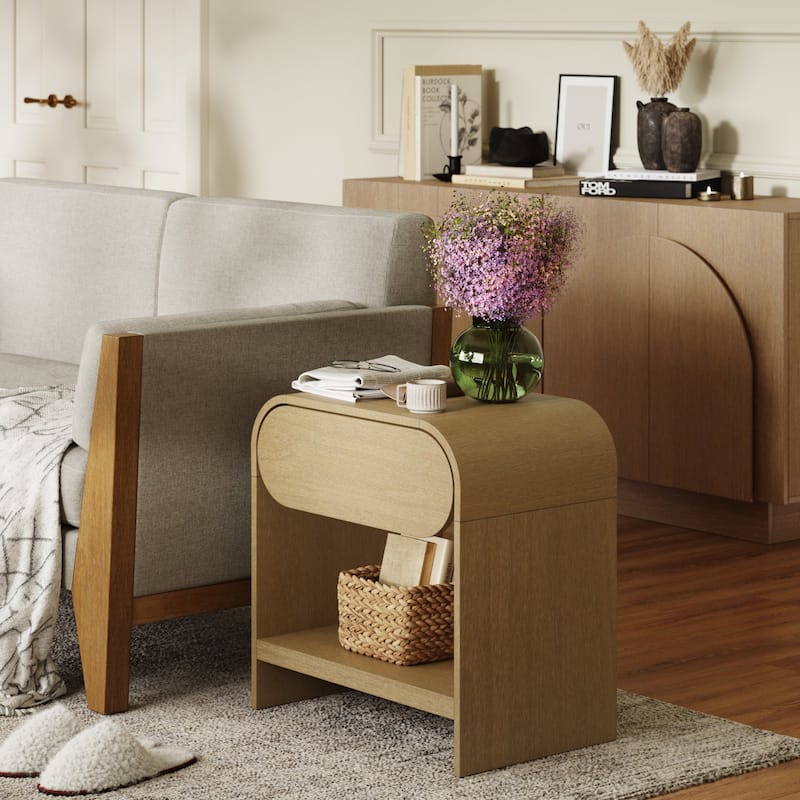 Iris Mid-Century Modern Nightstand with Drawer, Wooden Bedside Table for Bedroom or Living Room with Rounded Silhouette