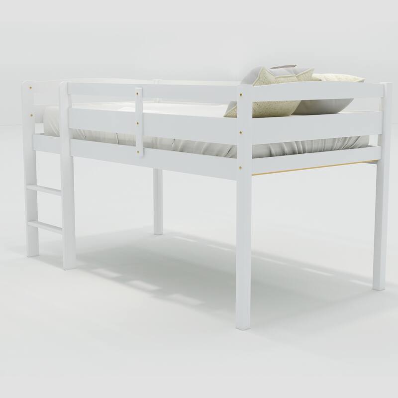 White Twin Wood Low Loft Bed with Ladder, Space-Saving Design for Small Rooms