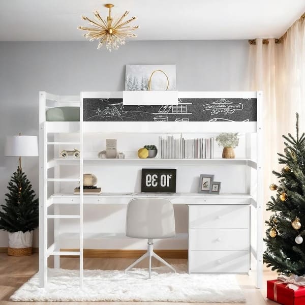 slide 2 of 12, Artsy Twin Size Loft Bed with Desk, Blackboard, Storage Box, Shelf and 3 Drawers, Safety Guaranteed & Maximized Space, White White
