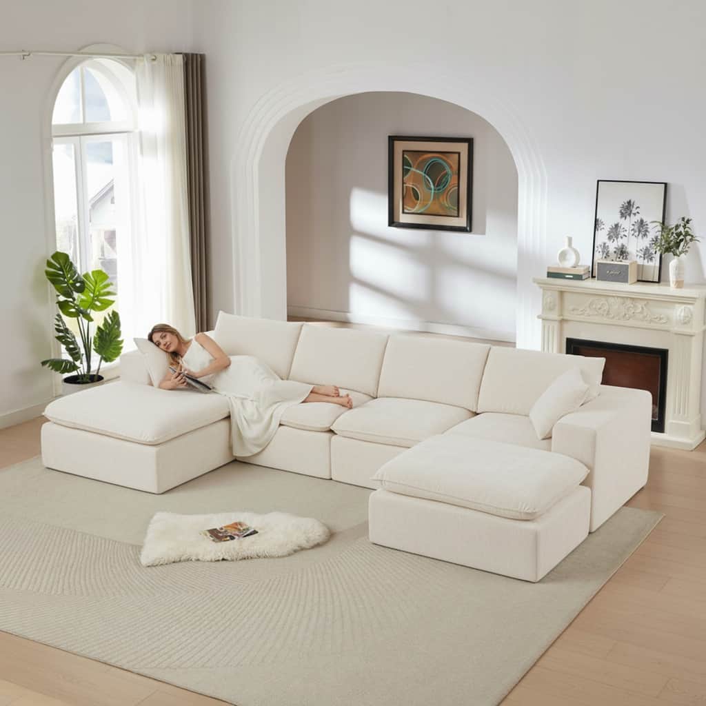 137.89" Modern Chenille Comfy Sectional Cloud Sofa with Two Pillows