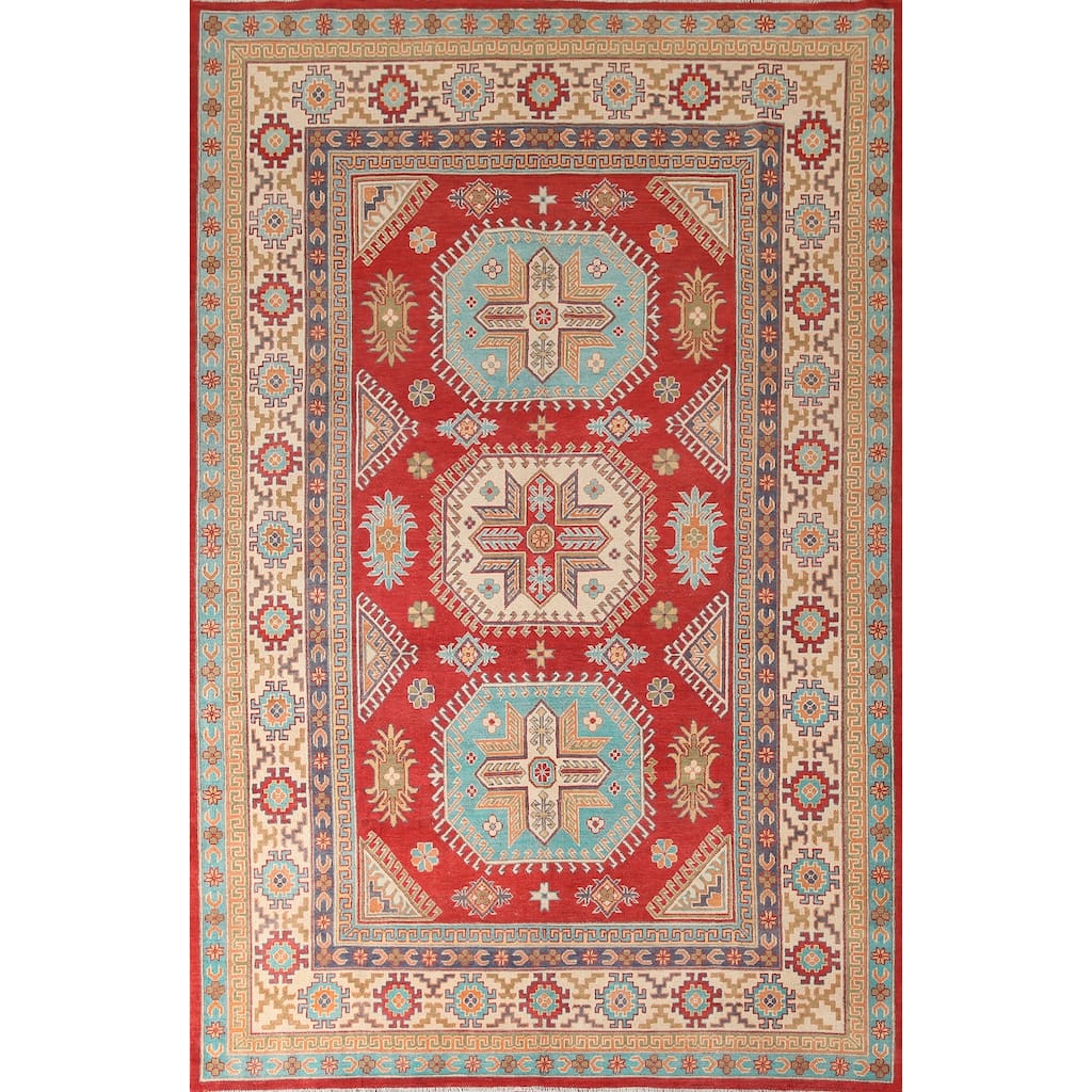 Geometric Kazak Living Room Area Rug Hand-Knotted Wool Carpet - 6'8" x 10'3"