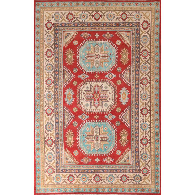 Geometric Kazak Living Room Area Rug Hand-Knotted Wool Carpet - 6'8" x 10'3"
