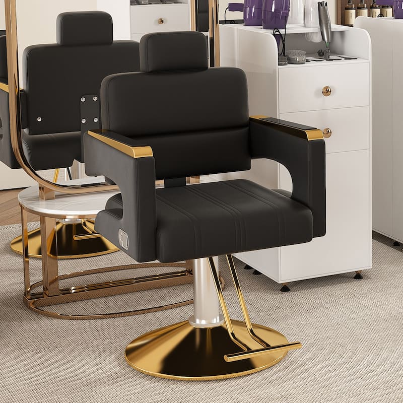 Roomfitters Hydraulic Barber Chair, Heavy Duty Reclining Salon Styling Chair with Gold Armrests, Black