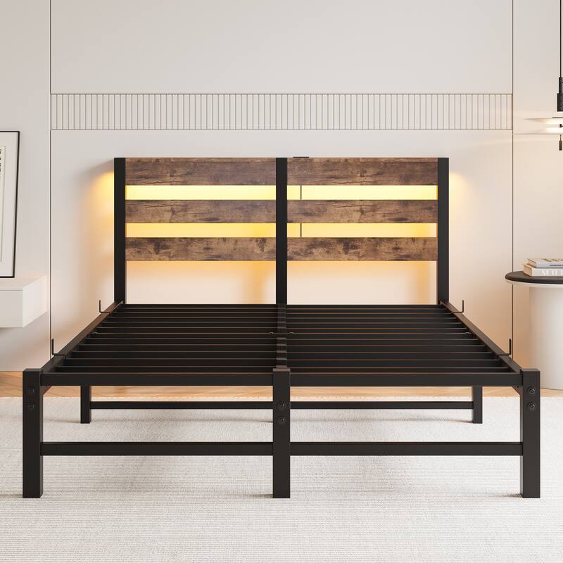 Queen Size Metal Bed Frame with Rustic Brown Wooden Headboard, RGB LED Lights, Charging Station, Storage Shelf, Noise-Free