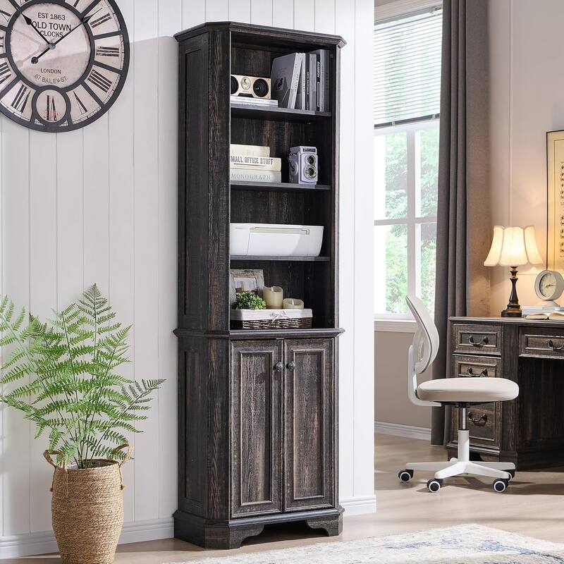 Farmhouse 6-Tier Bookshelf with Storage, 72" Tall Wooden Bookcase - Dark Rustic Oak