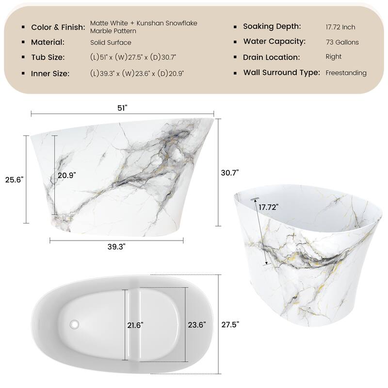 51 in. x 28 in. Solid Surface Freestanding Deep Soaking Bathtub with Built-In Seat, Right Drain, Matte White with Marble Pattern