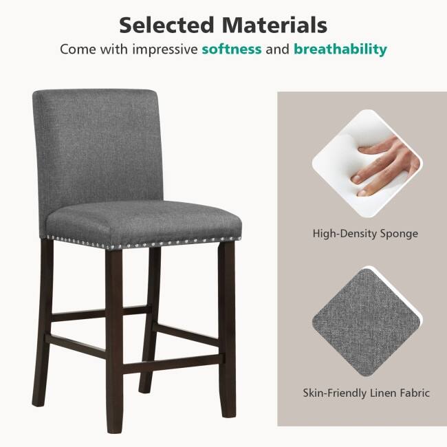 Set of 2 Bar Stools Linen Fabric Counter Height Chairs for Kitchen Island - 19" x 20" x 39" (L x W x H)