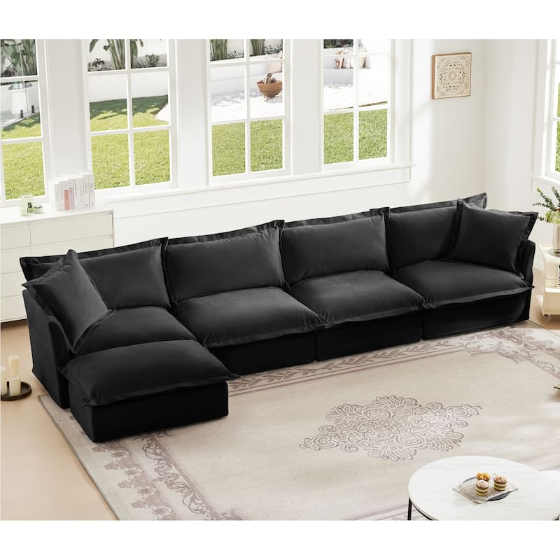 4 Deep Seat Slipcovered L-Shape Chenille Sectional Long Sofa Couch - Black