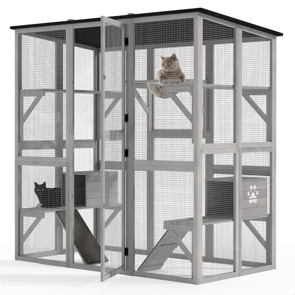 Cat House Outdoor Catio Enclosure Wooden Cat Cage Playpen with Platform - Grey