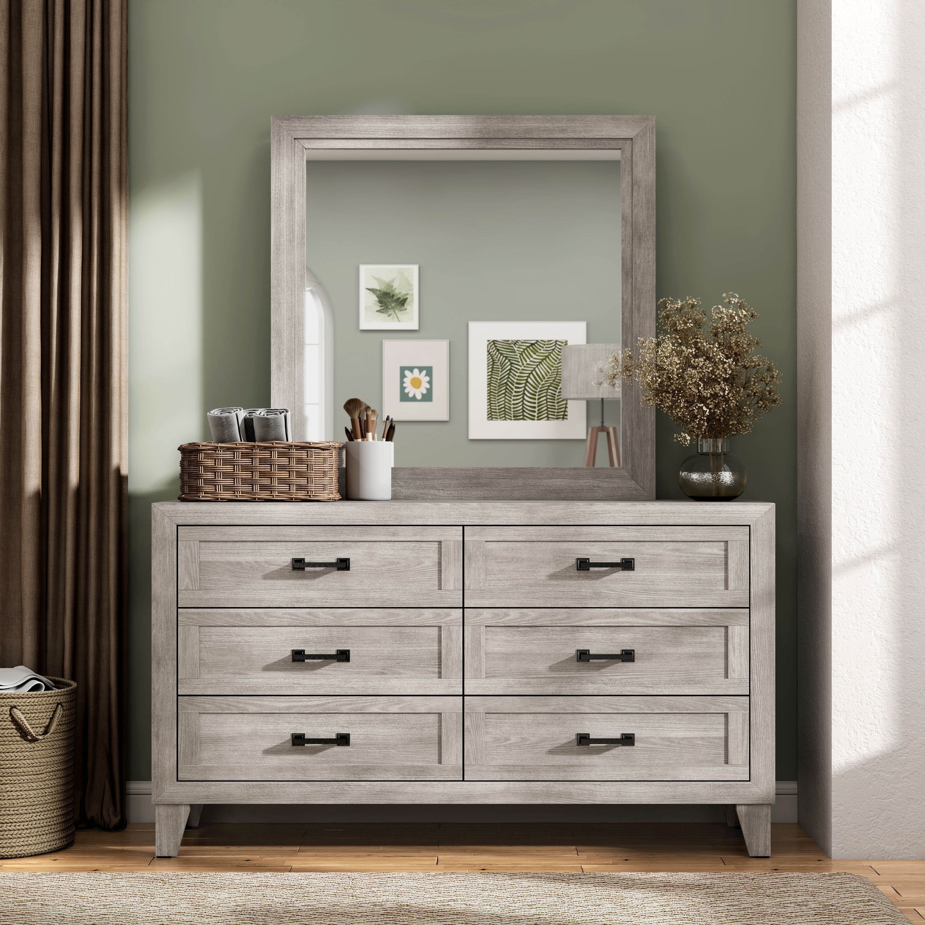 grey washed wood dresser FOA Junile 2-Piece 6-Drawer and Mirror Set in White Weathered gray wood