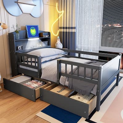 Wood Twin Size Platform Bed with Built-in LED Light and Storage Headboard, Modern Bedframe with Guardrail and 2 Drawers