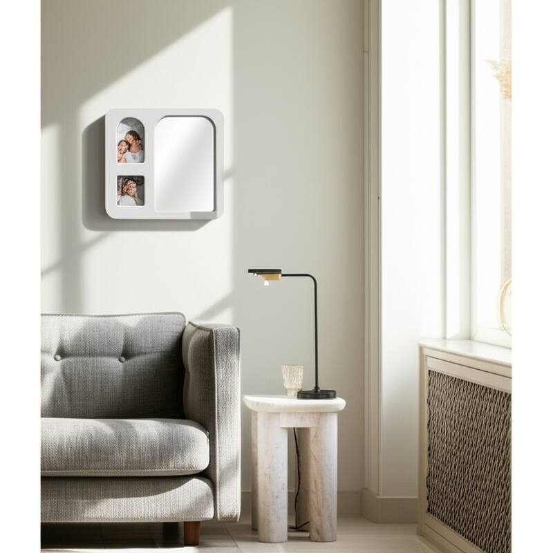 Wood Glass Frame Mirror and 2 Photos Collage Textured - 14" Ivory
