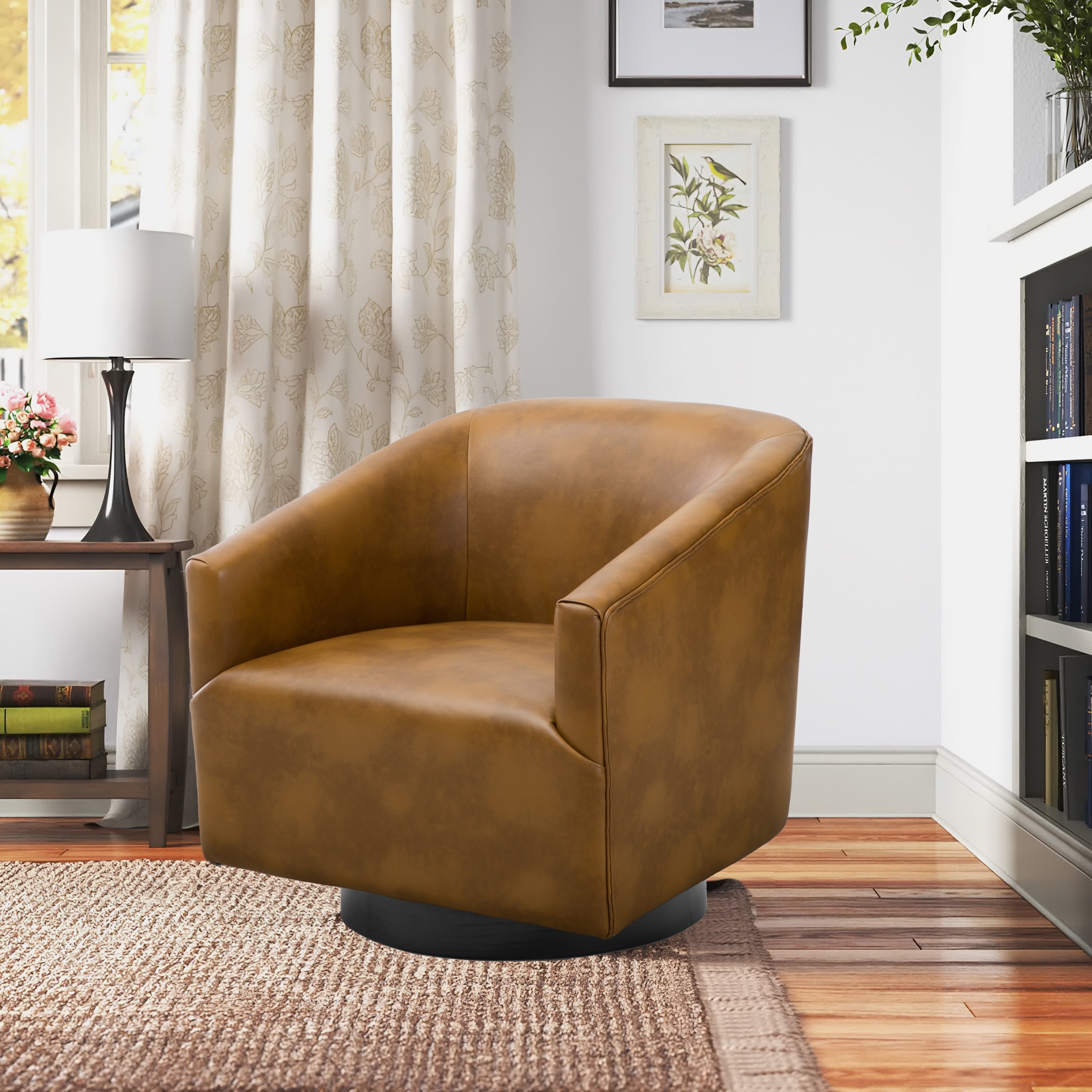 Classic Swivel Accent Chair Faux Leather Tub Barrel Chairs Comfy