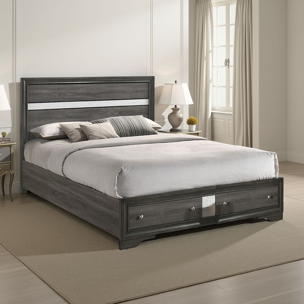 Platform Wooden Queen Size Bed with Silver Trim Accents and 2 Drawers, Gray