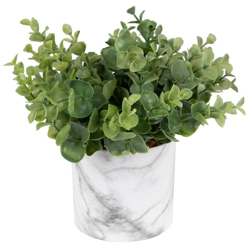9" Green Artificial Eucalyptus in a Marble Style White Pot