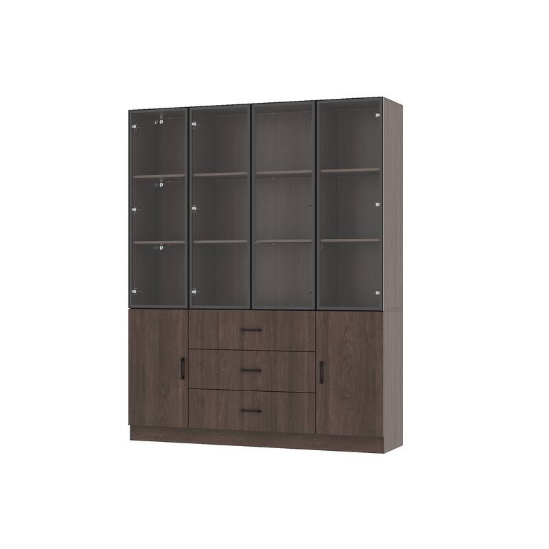 Bookshelves Bookcase Modular Glass Display Cabinet with LED Lights, Dark Wood Storage Combination Cabinet System