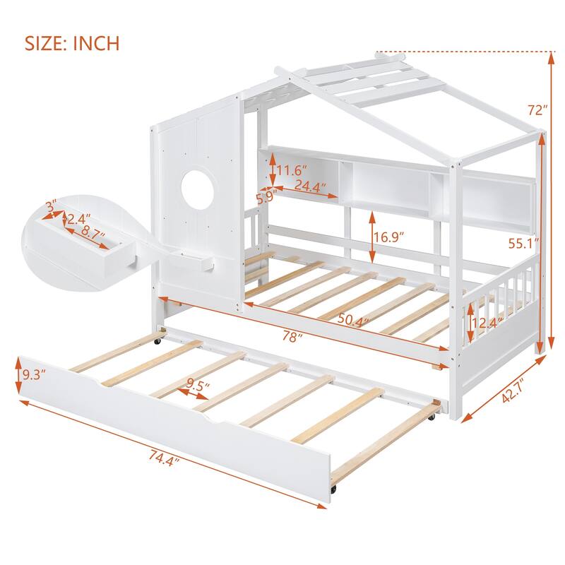 Wooden House Bed With Trundle and with Storage Shlef