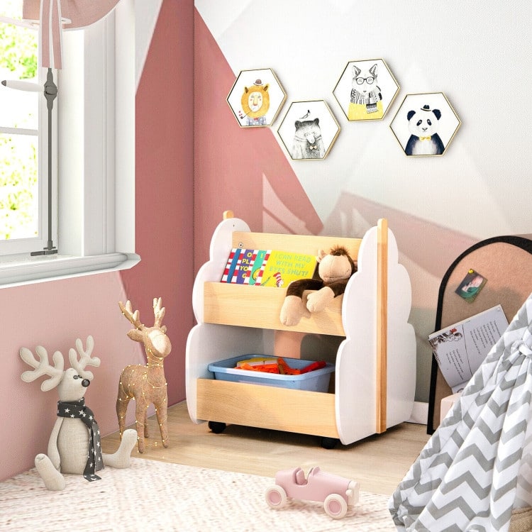 Kids Wooden Bookshelf with Universal Wheels - 20.5" x 18" x 25"