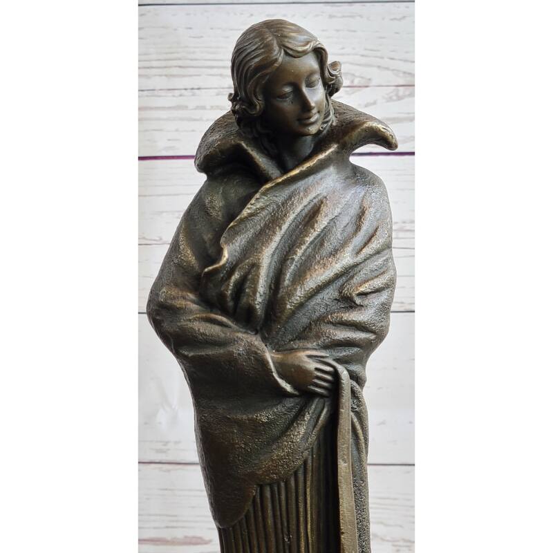 Art Deco Young Woman With Long Jacket Bronze Sculpture Marble Base Figurine 16 Inches X 5 Inches